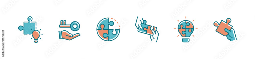 jigsaw puzzle piece business challenge icon set teamwork problem solving match solution idea vector illustration for web and app