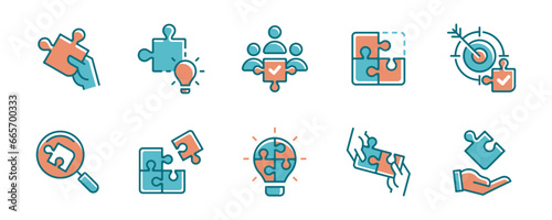 business teamwork solution puzzle challenge icon set problem solving with jigsaw piece creative idea vector symbol illustration