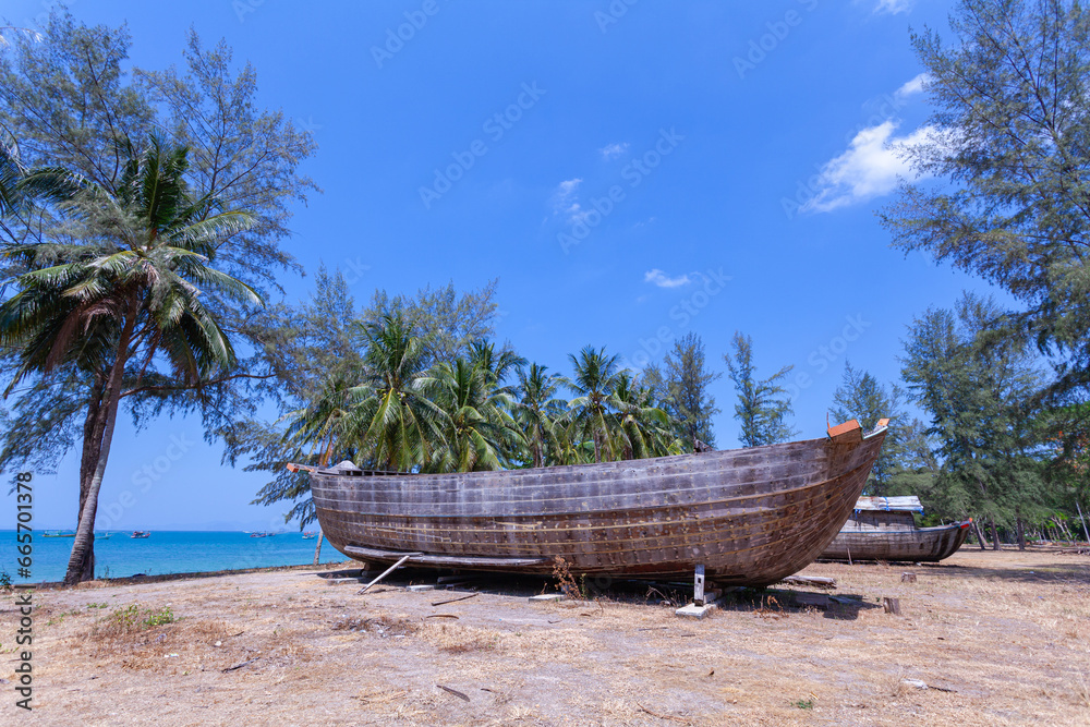 Fototapeta premium An ancient tugboat built of wood on the beach..A large wooden boat is displayed on the beach with a blue sky. .Line of pine trees along the beach background.