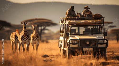 African safari jeep with group of zebras in the background