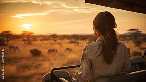 Young woman in safari car looking at sunset in the savannah