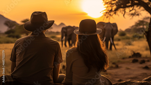 Back view of young couple sitting with elephants in the savannah at sunset