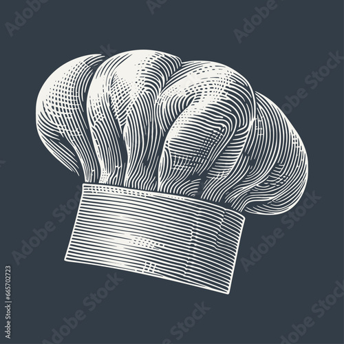 Chef hat. Vintage woodcut engraving style vector illustration on dark background.