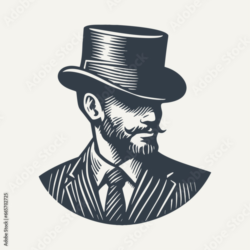 Icon of gentleman with hat and nicely trimmed facial hair. Vintage woodcut engraving style vector illustration isolated on white.