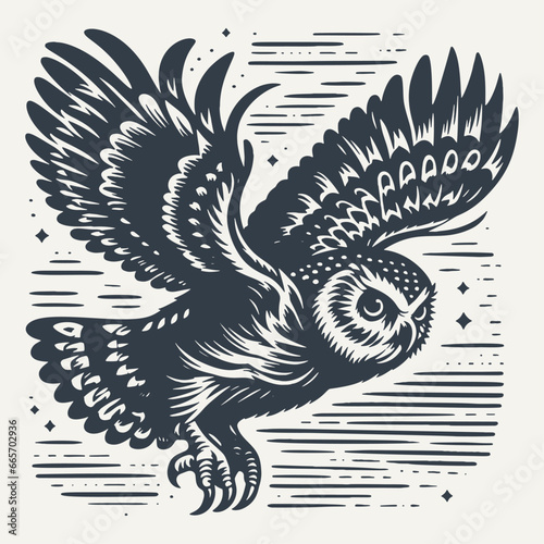 Owl flying. Vintage woodcut engraving style hand drawn vector illustration.