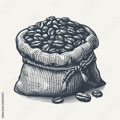 Burlap sack with rope full of coffee beans. Vintage woodcut engraving style hand drawn vector illustration.