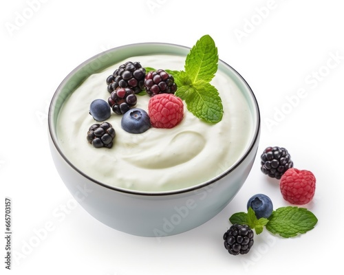 Green bowl of greek yogurt and fresh berries isolated on white background.