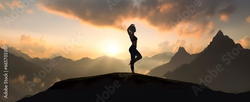 silhouette of a woman practicing yoga in the summit with mountain Background.