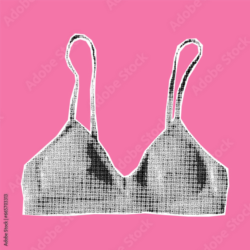 Halftone collage of pink elements, web banner. Bra on a pink background, lingerie advertising, women's fashion.