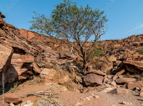 A view up the side of the river valley at Twyfelfontein in Namibia during the dry season 