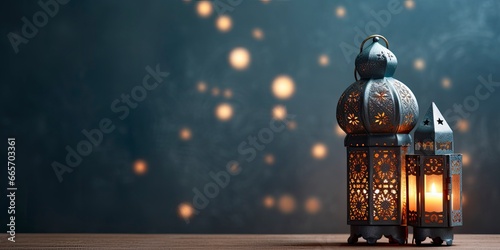 Celebration of islamic eid mubarak and eid al adha lantern in a light background. © Ahasanara