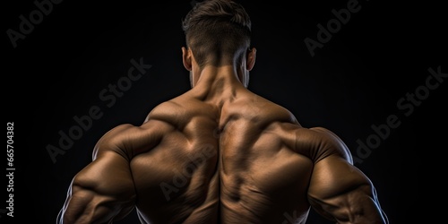 Muscular man on black background. Strength and fitness at gym. Building perfect physique. Male bodybuilder. Power and stamina. Training for men © Bussakon