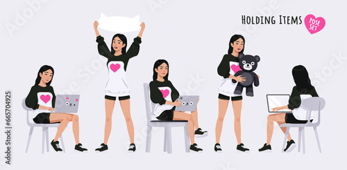 Asian girl, korean narrow eye woman with banner, toy, laptop pose set. Wearing cute oversized crewneck, loose sweatshirt, long sleeve, shorts. Cool looking teenager. Cartoon character illustration