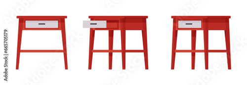 Nightstand natural red set, bedside table with sliding drawer. Bedroom storage, living room and bedchamber item. Vector flat style cartoon home, office furniture objects isolated on white background