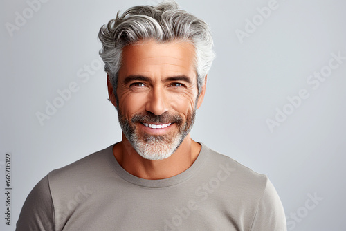 Closeup photo portrait of a handsome old mature man smiling with clean teeth. for a dental ad. guy with fresh stylish hair and beard with strong jawline. isolated on white background photo