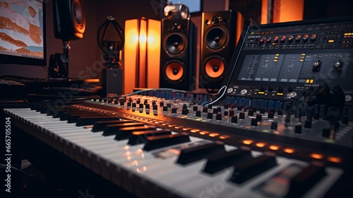 Music studio with wooden desk and monitor speakers, midi keyboards and interfaces 
 photo