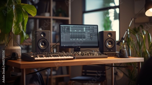 Music studio with wooden desk and monitor speakers, midi keyboards and interfaces 