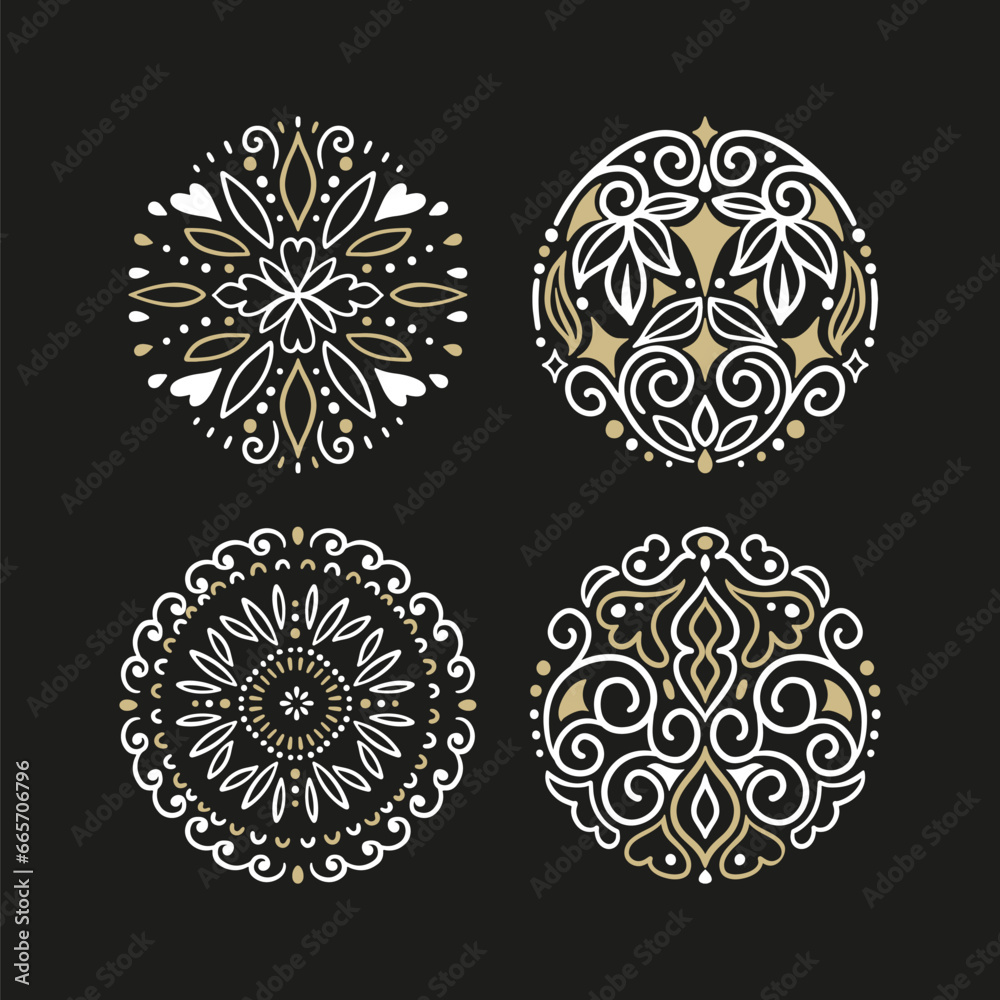 Decorative Round Ornament. Circle Gold and White Swirl Pattern Decorative Round Ornament. Circle Gold and White Swirl Pattern