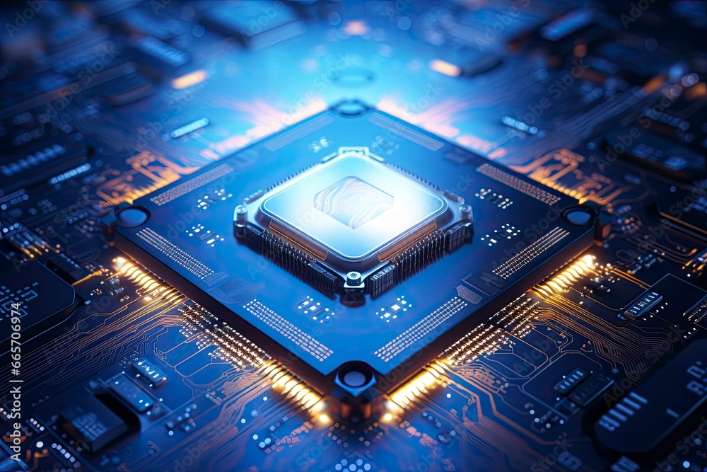 Futuristic central processor unit. Powerful Quantum CPU motherboard. - obrazy, fototapety, plakaty 