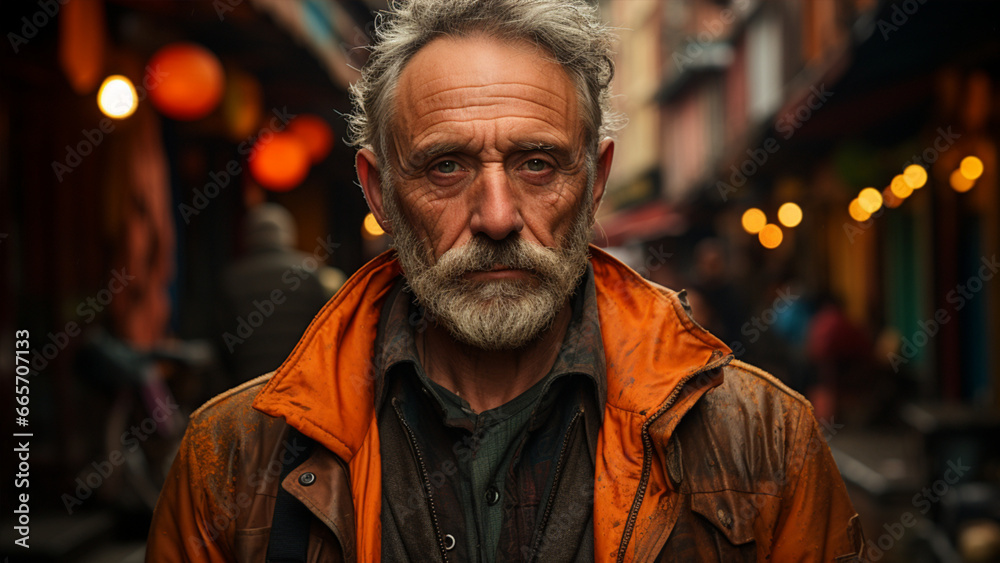 A photography of a 45-year-old man from Bogota, Colombia, He stands in a bustling Bogota street, capturing the city's vibrancy. 