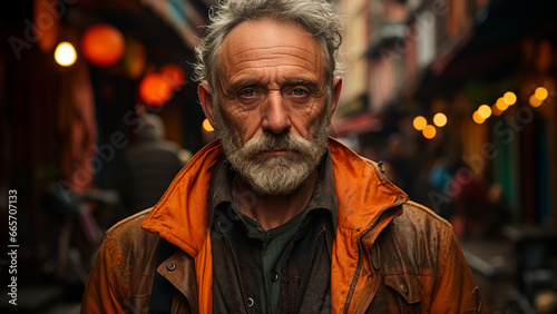 A photography of a 45-year-old man from Bogota, Colombia, He stands in a bustling Bogota street, capturing the city's vibrancy. 