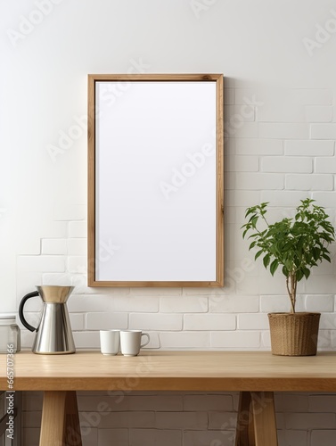 Blank white a wooden frame mockup hanging on the wall. Minimalist style. Mockup template. Generative AI