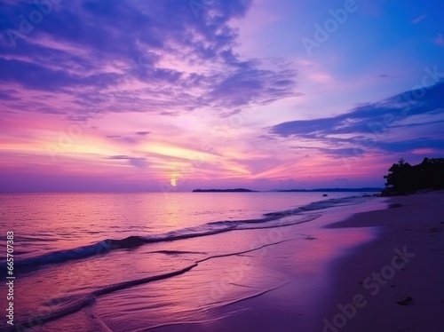Summer beach with blue water and purple sky at the sunset. © Ahasanara