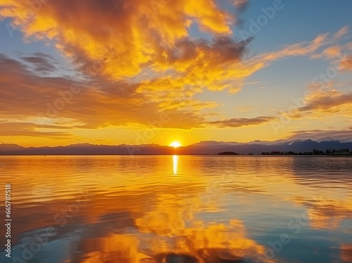 Bright sunset over Lake golden clouds reflect in the water. © Ahasanara