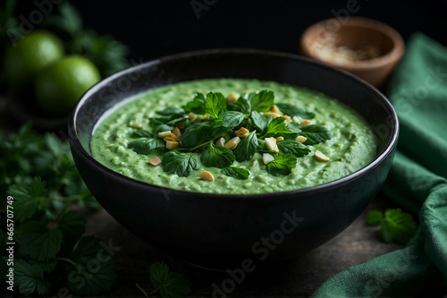 A close-up of a bowl of Green Porridge on a table