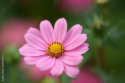 Close-up of pink flower with blurry background and focus on the center. Generative AI