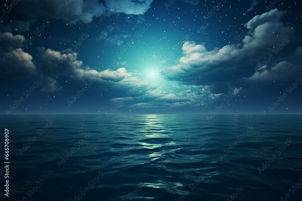 Night sea with a starry sky, moon, blue cloudy dramatic sky, sunlight, and moon reflection on water waves. Nature background. Generative AI