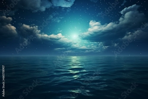 Night sea with a starry sky, moon, blue cloudy dramatic sky, sunlight, and moon reflection on water waves. Nature background. Generative AI © Eudora