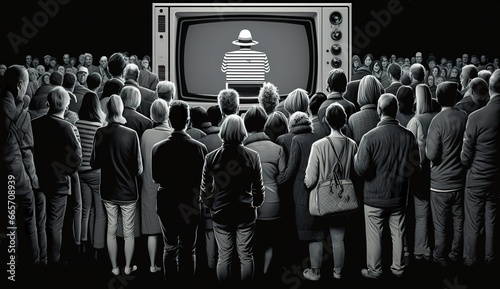 People crowd watching TV. TV addiction, propaganda and fake news concept.