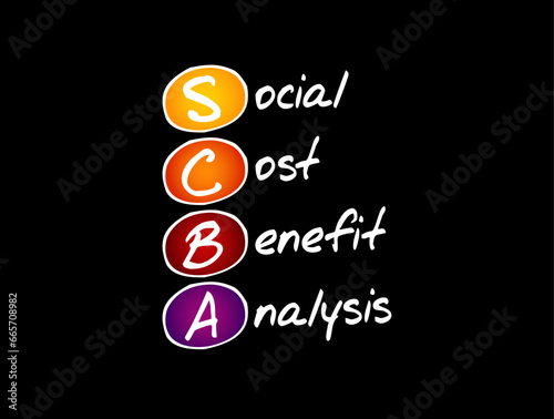 SCBA Social Cost Benefit Analysis - technique used for determining the value of money, specifically public investments, acronym text concept background
