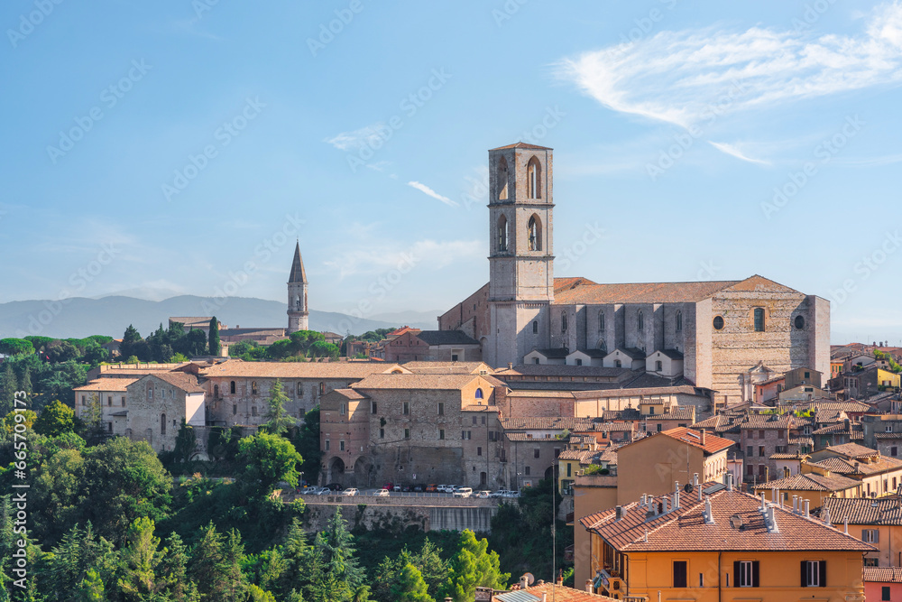 Basilica of San Domenico church and skyline of Perugia. Umbria, Italy