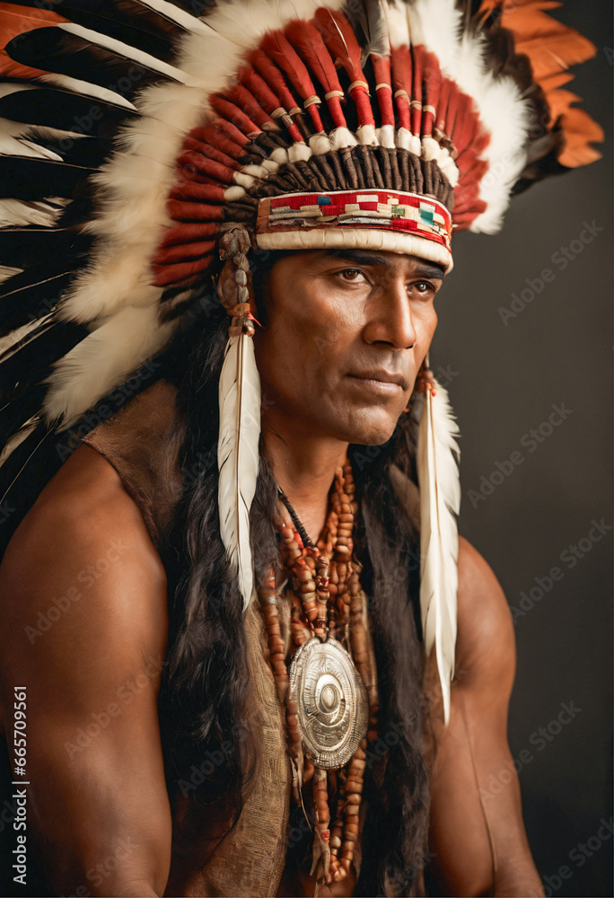 Young Indigenous person in traditional headdress.