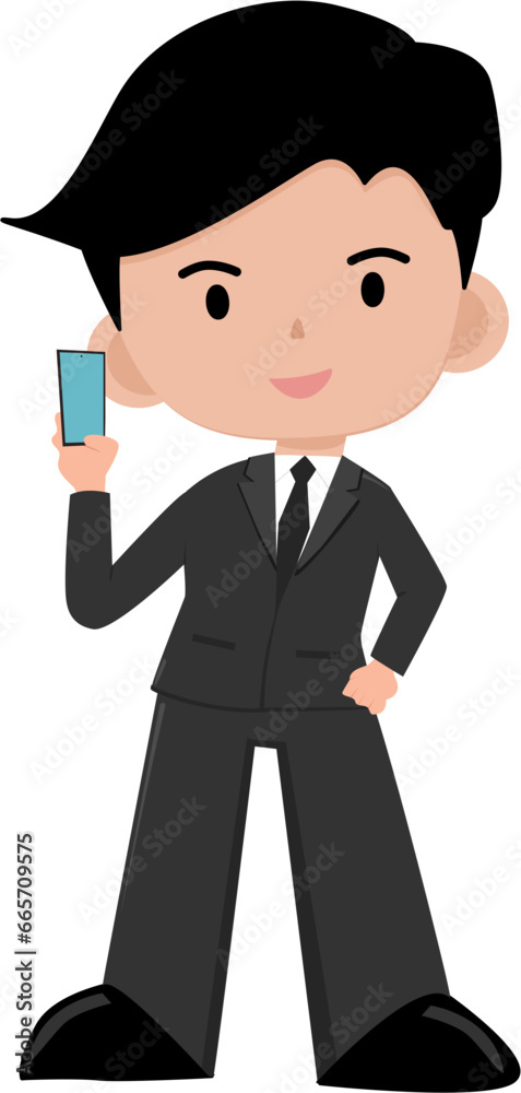Businessman wearing a black suit Hand holding the phone and holding the waist. SVG illustration Businessman wearing a black suit Hand holding the phone and holding the waist. SVG illustration