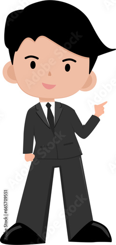 Businessman wearing a black suit Hand pointing with fingers and hands holding the waist. SVG illustration.