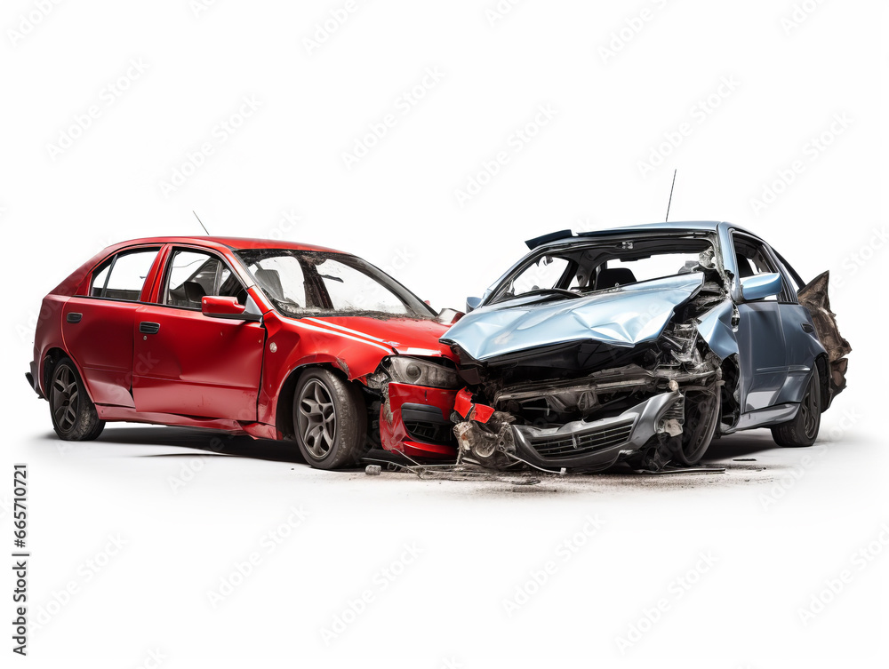 An accident of two cars colliding with each other on a white background. An accident of two cars colliding with each other on a white background.