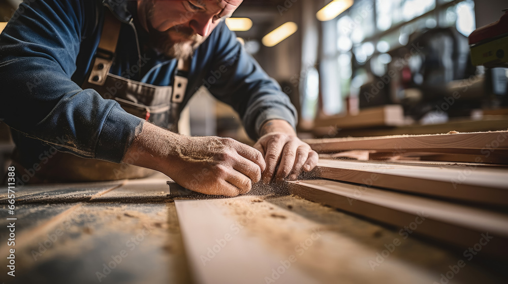 Carpenter working on wooden table in a carpentry workshop Carpenter working on wooden table in a carpentry workshop
