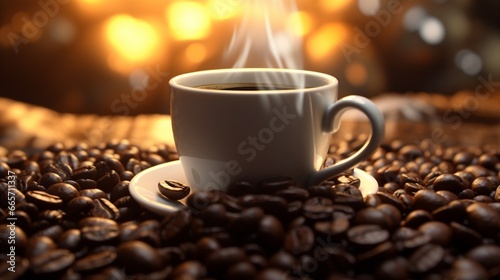 black coffee in a cup surrounded by coffee beans.Generative AI