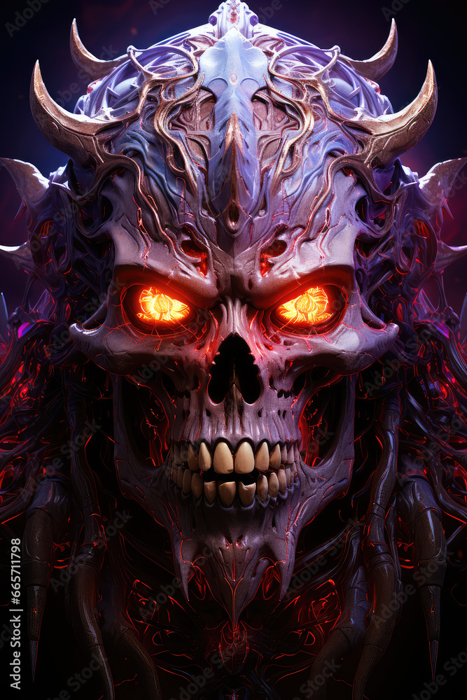 Naklejka premium Whispers from Beyond: An Abstract Poster Illustration Embodying the Sinister Forms of a Demon, Skull, or Ghost - Generative AI