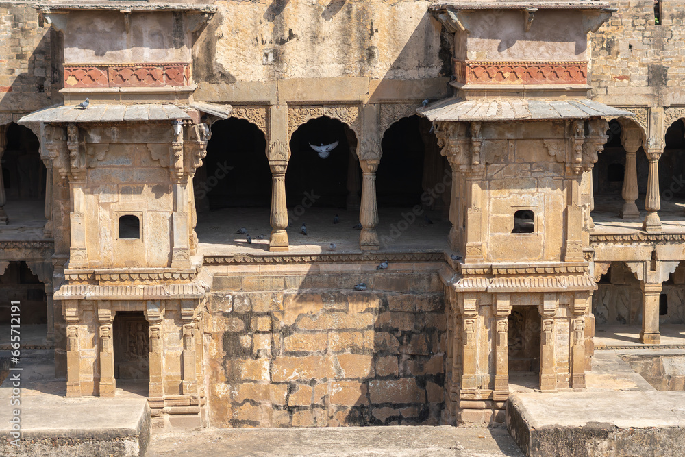 View of shrines at Chand Baori stepwell situated in the village of Abhaneri in the Indian state of Rajasthan. It is one of the deepest and largest stepwells in India