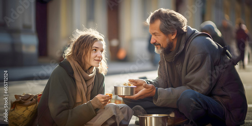 Man and woman are sitting on the street and taking a food. Concept of supporting the homeless. Idea of Volunteer humanitarian work, socially useful work and donations to refugees.