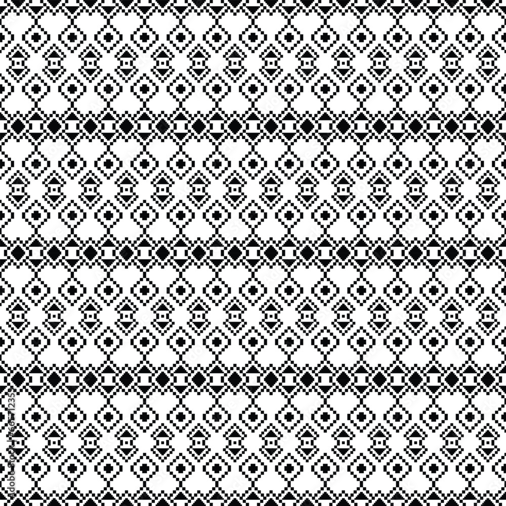Seamless ethnic pattern with pixel style. Stripe traditional motif. Oriental tribal vector illustration. Design for textile, fabric, clothing, curtain, rug, ornament, wrapping. Black and white. Seamless ethnic pattern with pixel style. Stripe traditional motif. Oriental tribal vector illustration. Design for textile, fabric, clothing, curtain, rug, ornament, wrapping. Black and white.