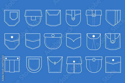 Pocket line icons. Garment pouch shapes. T-shirt or trousers wear. Textile patch with button and seams. Pants stitches. Casual clothing. Denim flaps. Vector sewing pattern elements set