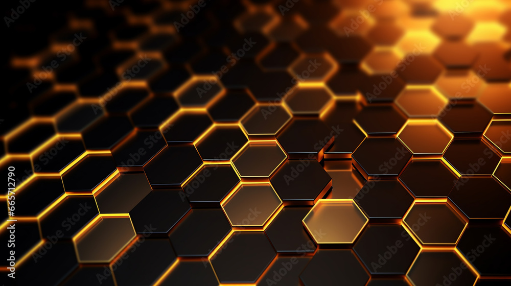 Abstract digital science technology geometric hexagonal pattern background with glowing yellow neon lights from sides. Abstract digital science technology geometric hexagonal pattern background with glowing yellow neon lights from sides.