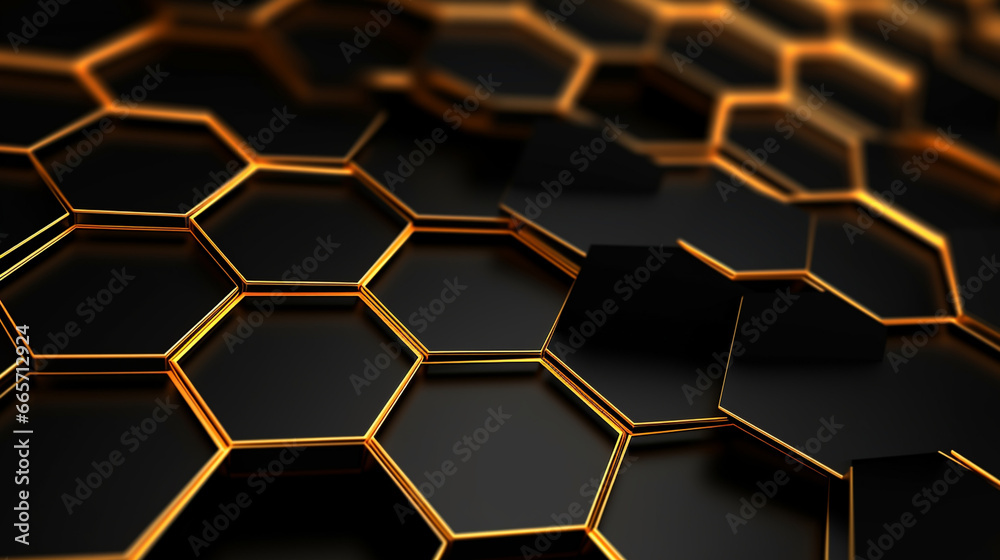 Abstract digital science technology geometric hexagonal pattern background with glowing yellow neon lights from sides. Abstract digital science technology geometric hexagonal pattern background with glowing yellow neon lights from sides.