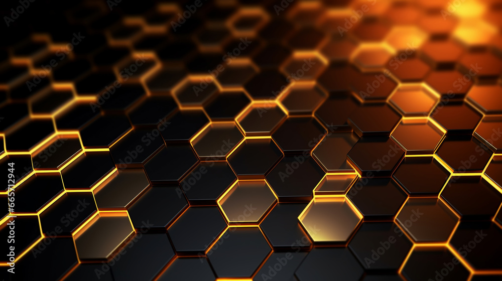 Abstract digital science technology geometric hexagonal pattern background with glowing yellow neon lights from sides. 