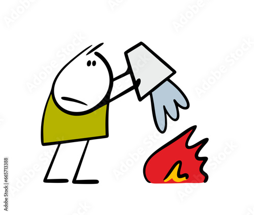 Doodle cartoon firefighter at the crash site extinguishes the fire, pours water from a bucket. Vector illustration of brave rescuer, fearless hero.